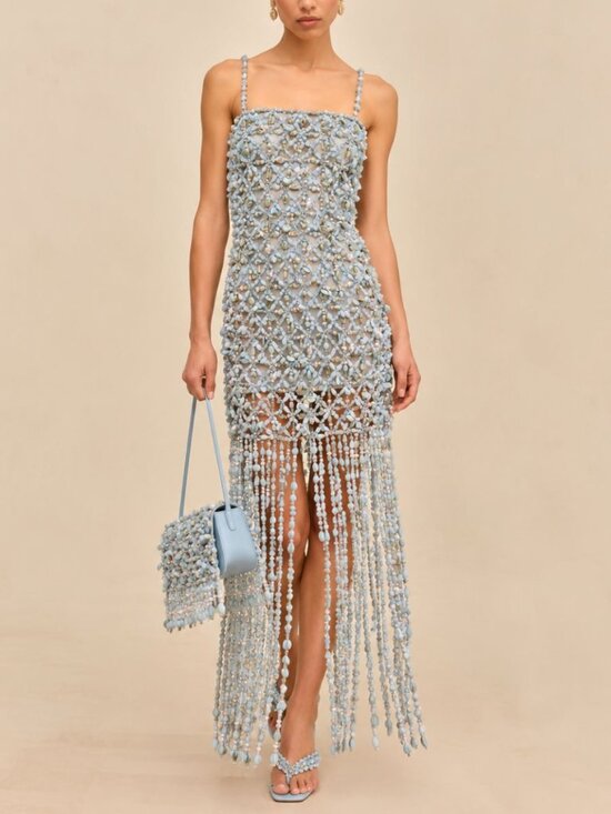 cult gaia Dresses & Skirts - Cult Gaia Calantha Gown Coastal Blue Stone Beaded Fringe Maxi Dress